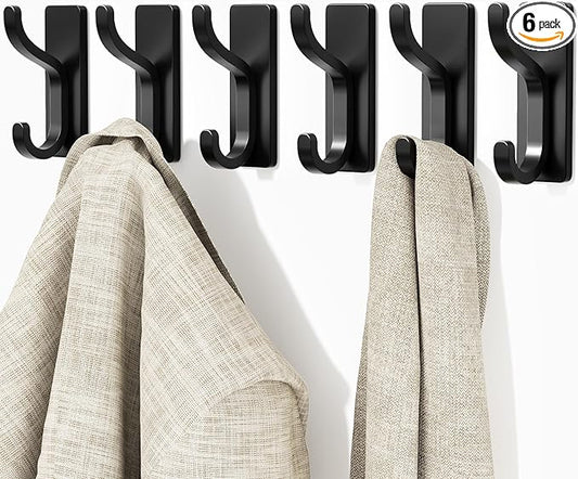 pickpiff Adhesive Wall Coat Hooks - Heavy Duty Stick-On Door Hanger, Metal Hook for Hanging Towel,Purse, Robe, Backpack, Jacket, Clothes - for Bathroom,Dorm, Closet, Kitchen - Black, 6 Pack