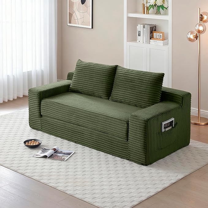 73" Cloud Loveseat Sofa Couch in a Box, 2 Seater Boneless Couch, Convertible Pull Out Sofa Bed with Pillows, No Assembly, Memory Foam, Modern Small Couches for Small Spaces (A-Green)