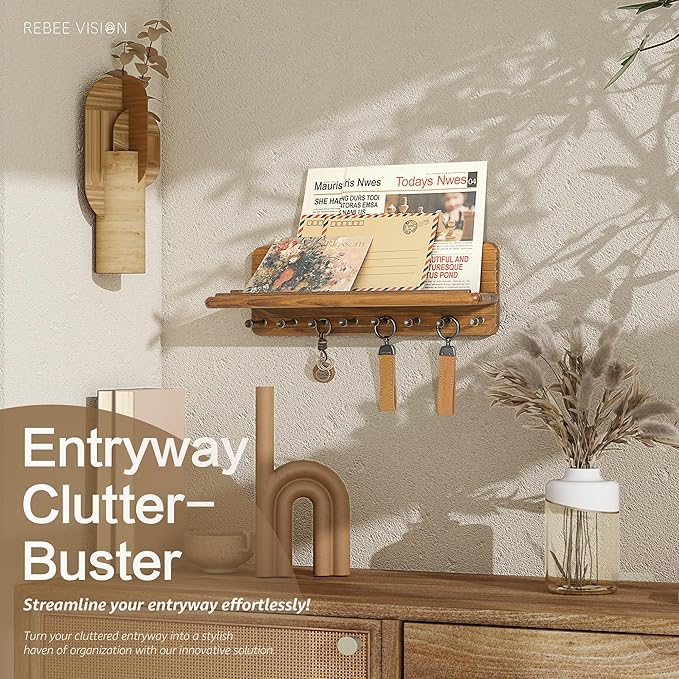 Rebee Vision Farmhouse Key Holder Wall Mount for Room Decor – Modern Key Hanger with 8 Durable Hooks & Floating Shelf Suitable for Perfume Storage– Mail Organizer for New House Essentials(Yellow)