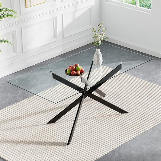 60" Rectangular Glass Dining Room Table for 6 with Tempered Glass Top and Black Metal Legs, Modern Clear Kitchen and Dinner Table for Home Office Dining Room