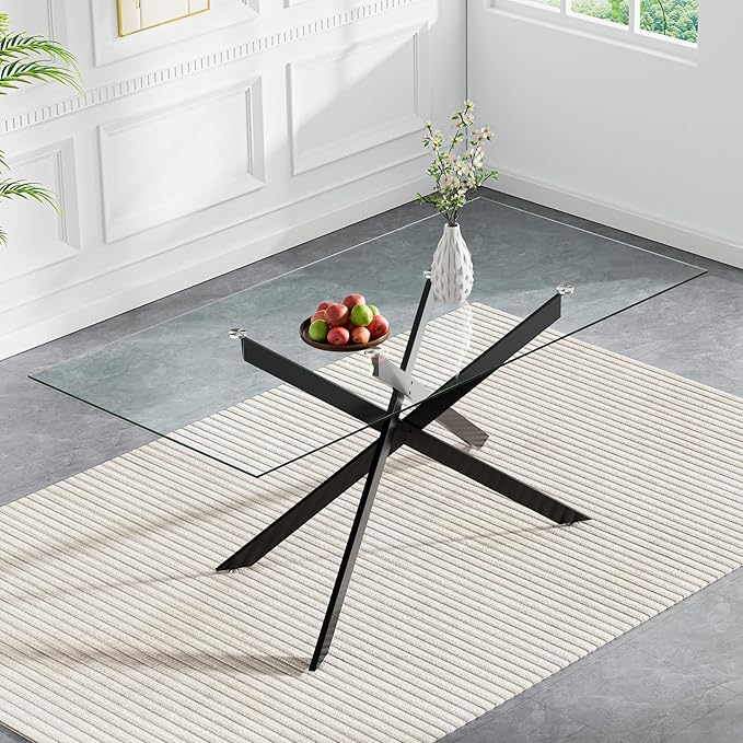 60" Rectangular Glass Dining Table Modern Kitchen Glass Top Table for 6 with Black Metal Legs, Clear Dining Table Kitchen Table for Home Office Dining Room