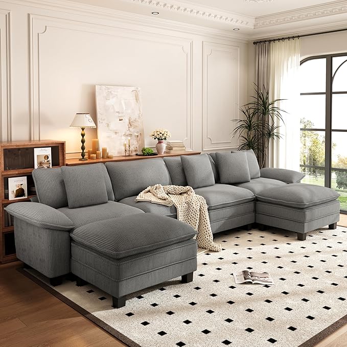 PHI VILLA Cloud Modular Couch Sets, 157.5" Large Sectional Sofa with U-Shaped Chaise, 6-Seater Couches with Movable Ottomans for Living Room, Corduroy Fabric, Grey
