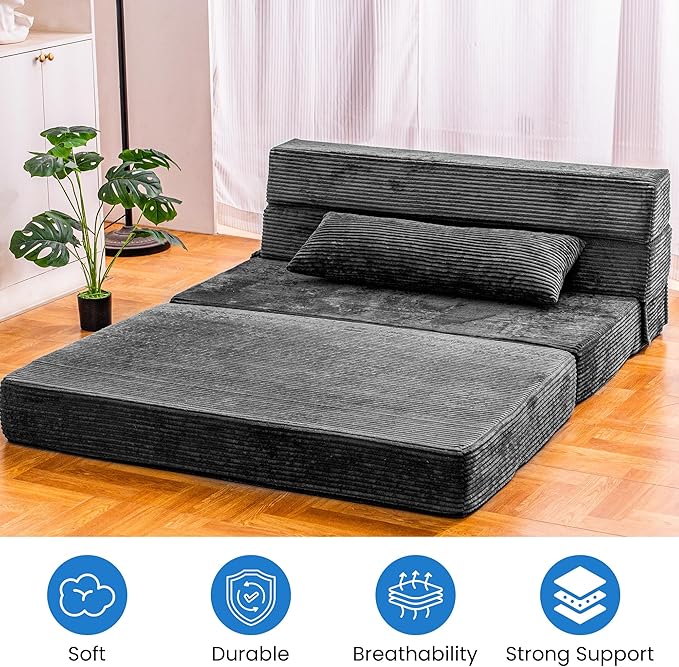 Folding Sofa Bed, Convertible Sleeper Chair with Pillow, High Density Memory Foam Fold Out Couch, Foldable Mattress Futon Sofa for Living Room/Dorm/Guest Use/Apartment/Home Office