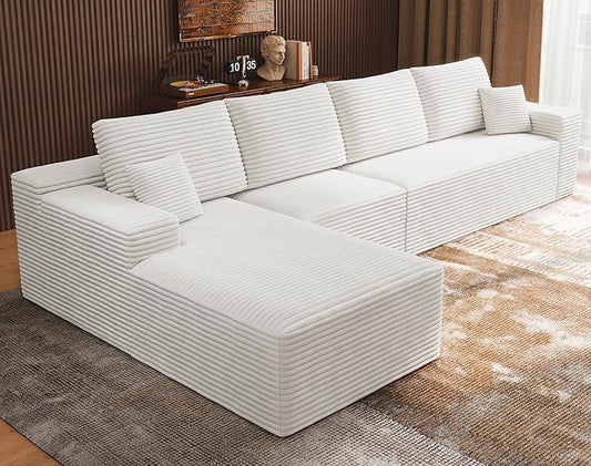 3-Piece Boneless Modular Sectional Sofa, Cloud Couch with Left Facing Chaise, Oversized Deep Seat, Soft Corduroy Fabric, Sectional Couch for Living Room-White