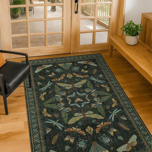 3x4 Unique Entryway Rug - Throw Rug for Large Kitchen, Entry Way, Mudroom, Dark Green and Black Insect Print, Washable Low Pile Floor Carpet