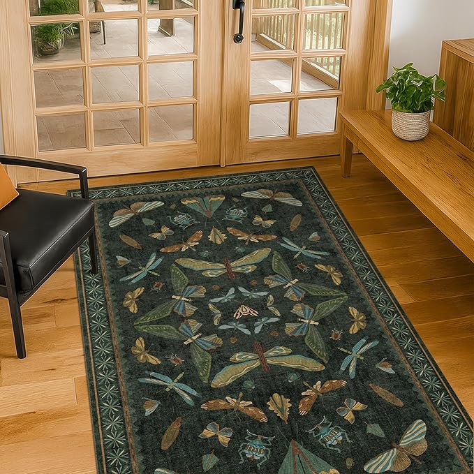 Dark Green Rug for Entryway Indoor- 3x6 Large Washable Kitchen Rug, Non Slip Insect & Floral Pattern Carpet for Entry Way, Mudroom, Vintage Stain Resistant Indoor Décor