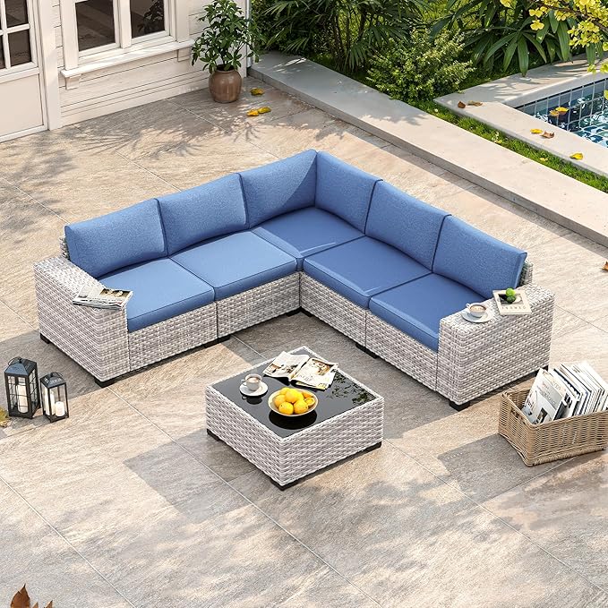 6 Piece Outdoor Sectional Sofa Set, 5-Seats Patio Wicker Conversation Set with 4" Thickened Cushions & Coffee Table, All-Weather PE Rattan for Garden, Backyard, Porch, Blue