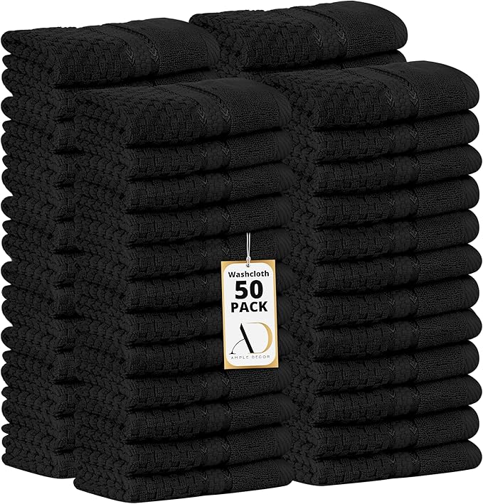 Ample Decor 100% Cotton Washcloths Set of 50 - Highly Absorbent, Popcorn Textured - Mulaayam Collection - Black 12 X 12 Inch
