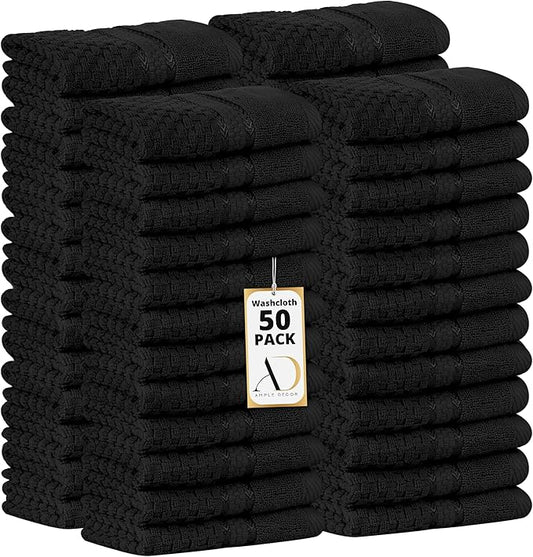 Ample Decor 100% Cotton Washcloths Set of 50 - Highly Absorbent, Popcorn Textured - Mulaayam Collection - Black 12 X 12 Inch