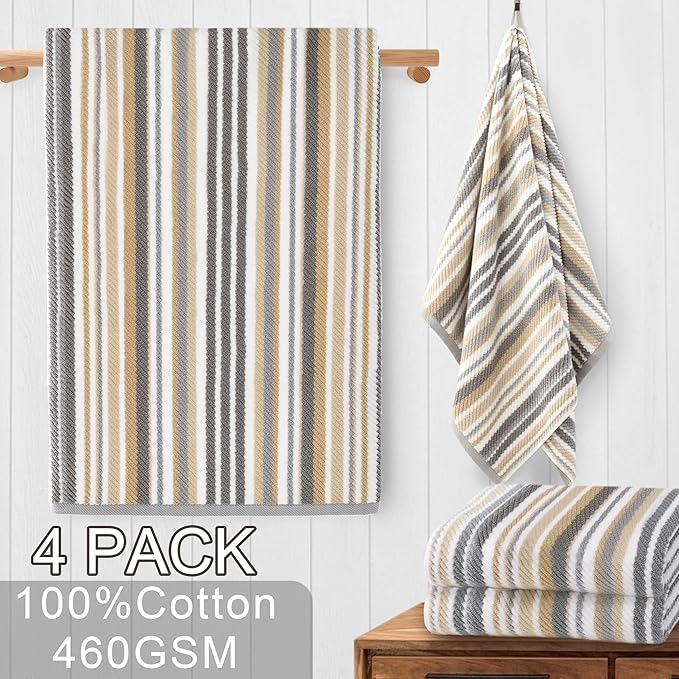 VOOVA & MOVAS Beige Striped Bath Towels, Bathroom Towels Set of 4, 28"x52" - 100% Cotton | Quick Dry | Absorbent | Light Weight, Tan Body Towel with Hanging Loop, Tan and Gray Stripe