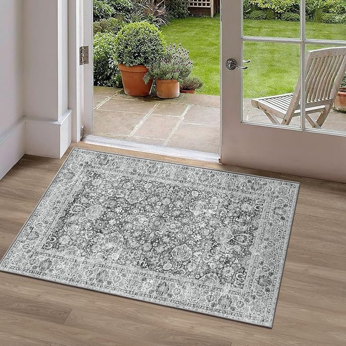 Deerly 2x3 Rugs Grey Small Area Rugs for Bedroom Living Room Bathroom Kitchen, Entry Rug Small Soft Rugs Low Pile Non-Slip Rubber Backing Oriental Door Mat