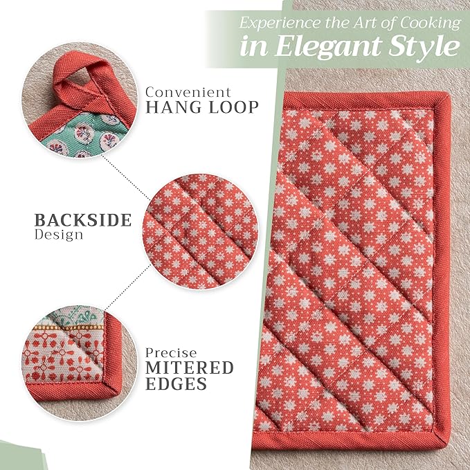 Maison d' Hermine Pot Holders 100% Cotton Heat Resistant Potholders 8" x 8" Hot Pads with Loop BBQ, Cooking, Baking, Grilling, Kitchen, Handling Hot Pans Spring/Summer (Pack of 1, Provence)