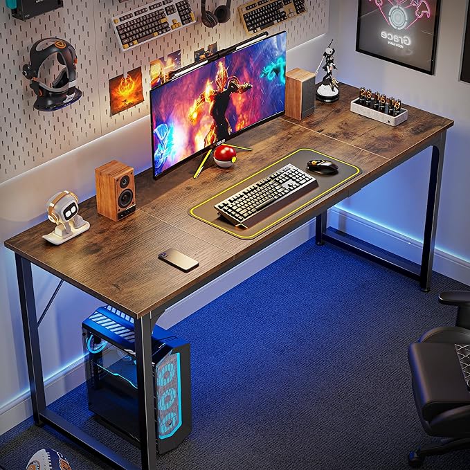 Huuger Computer Desk, 63 Inch Office Desk, Gaming Desk with Storage, Writing Desk Work Desk for Home Office, Study, Modern Simple Desk, Large Legroom, Metal Frame, Rustic Brown