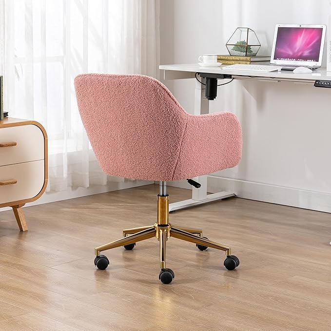 Goujxcy Fluffy Desk Chair, Faux Fur Vanity Chair Swivel Office Chair for Girls Women, Height Adjustable Cute Teddy Furry Makeup Chairs for Bedroom Home Office