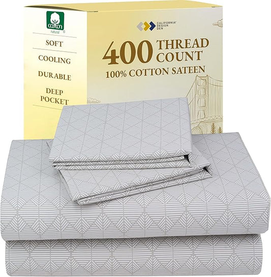 California Design Den Full Size Bed Sheets Set - 400 Thread Count Sateen, Natural 100% Cotton Sheets Full Size, Deep Pocket Cooling and Durable Bedding Set - Taupish-Sage Crosshatch