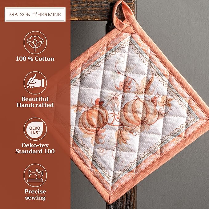 Maison d' Hermine Pot Holders 100% Cotton Heat Resistant Potholders 8" x 8" Hot Pads with Loop for Thanksgiving Christmas Decorations BBQ Cooking Baking Handling Hot Pans (Pack of 1, Giving Thanks)
