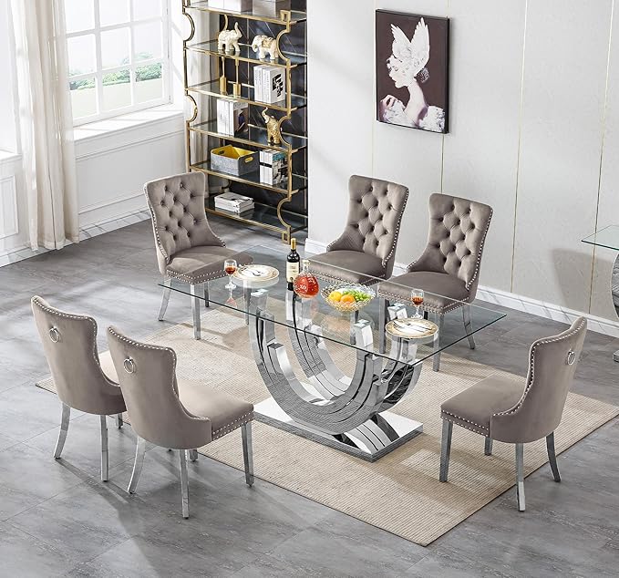 7 Piece Dining Table Set with 6 Grey Dining Chairs, Modern Glass Kitchen Table and Chairs Set for 6, 70" Rectangle Silver Glass Pedestal Dining Room Tables with Ring-Shape Stainless Steel Base