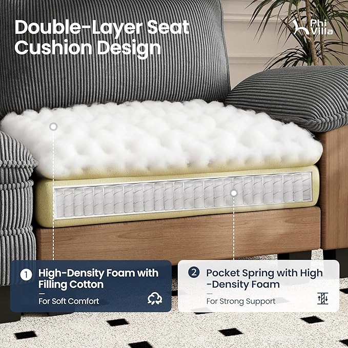 PHI VILLA Indoor Lounge Sofa Chair, One-Person Oversized Sectional Sofa with Ottoman, Single Chaise with Upholstered Deep Seat for Bedroom Reading, Corduroy Fabric, Grey