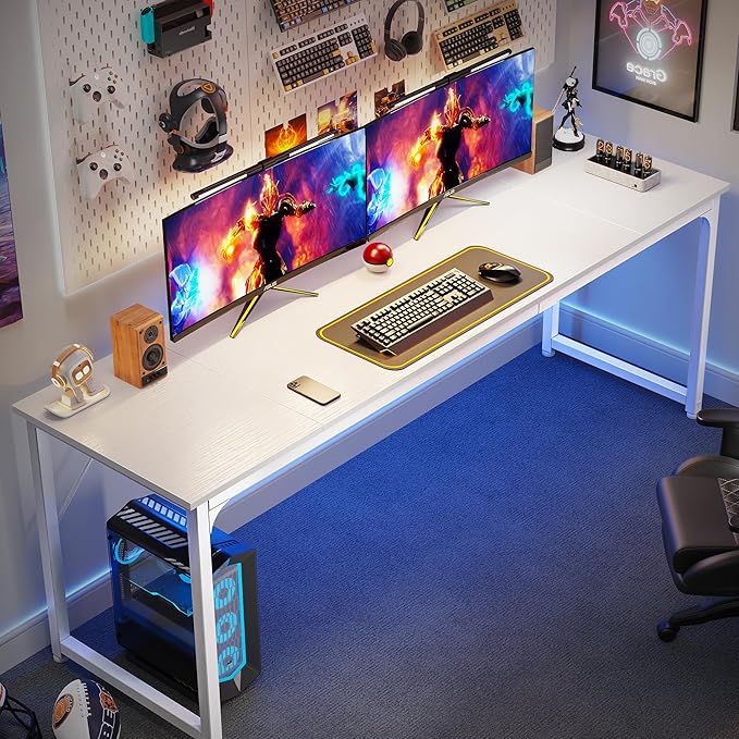Huuger Computer Desk, 80 Inch Office Desk, Gaming Desk with Storage, Writing Desk Work Desk for Home Office, Study, Long Simple Desk, Large Legroom, Metal Frame, White
