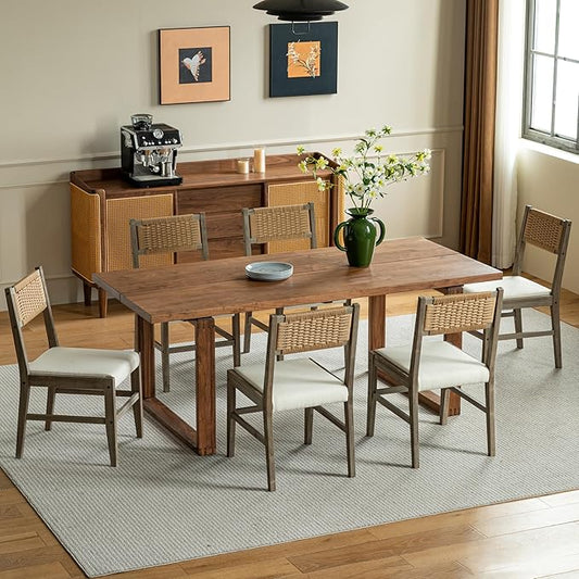 Chogori Wooden Dining Chairs, Modern Farmhouse Kitchen & Dining Room Accent Side Chairs with Woven Rope Back and Fabric Upholstered for Home, Living Room (Gray, Set of 6)