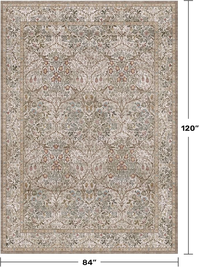 Vintage Moss Green Living Room Rug, 7x10 Washable Large Area Rugs for Bedroom, Dining Room Rugs Under Kitchen Table, Oriental Taupe Low Pile Stain Resistant Non-Slip