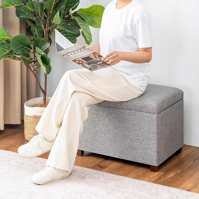 Joveco 24" Linen Storage Ottoman Bench, Rectangle Foot Rest Stool for Living Room, Bedroom, Entryway, Linen Gray