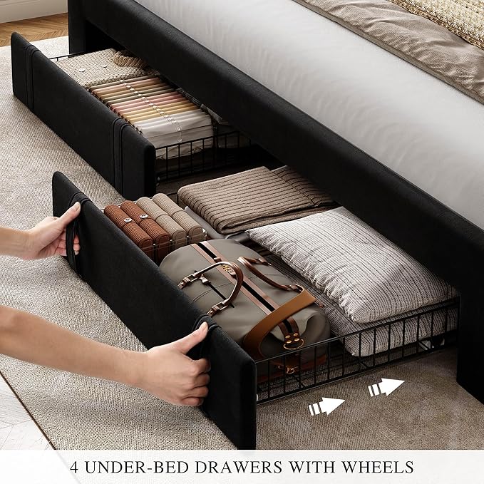 DWVO Queen Size Bed Frame with Adjustable Headboard, 4 Storage Drawers and RGB LED Lights, Velvet Upholstered Platform Bed with USB Ports, No Box Spring Needed, Fast Assembly, Noise-Free, Black