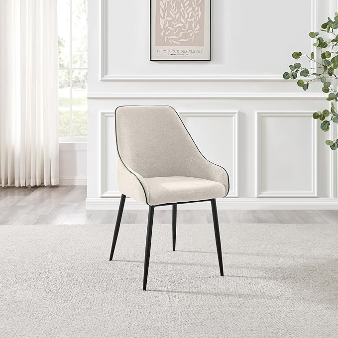 Furniturebox UK Dining Chairs - 2X Beaumont Cream Fabric Black Leg Chairs - Pair of Dining Chairs - Upholstered Polyester Chair - Modern Dining Room Furniture - Contrasting Black Piping