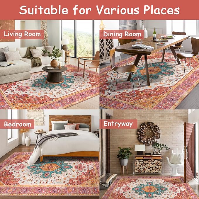 Moynesa Ultra-Thin Pink Area Rug - 9x12 Large Bedroom Rugs for Living Room Non-Slip Non-Shedding Dining Room Mat, Vintage Indoor Floor Carpet for Girls Nursery Playroom Office