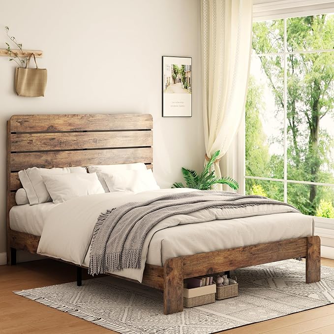 Full Size Bed Frame with Wooden Headboard and Footboard, Rustic Platform Bedframe, Wood Slats Support, No Box Spring Needed, Under Bed Storage, Easy Assembly, Brown