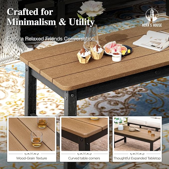 HERA'S HOUSE HDPE Patio Furniture Set, 4-Piece Outdoor Wicker Conversation Couch Set with Thick Cushion, All-Weather Patio Sofa Set for Backyard Garden Deck, Wood Grain Coffee Table