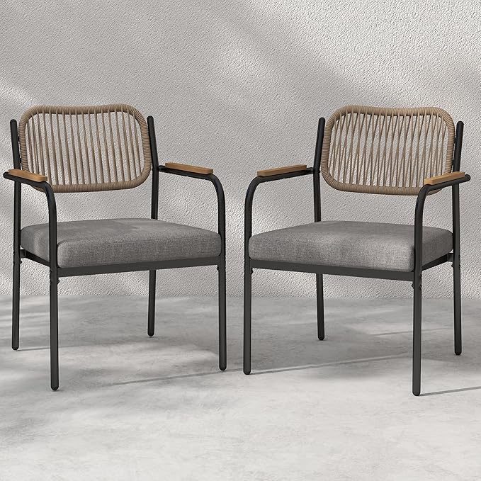 Outdoor Dining Chairs Set of 2, Wicker Patio Dining Chairs with Removable Cushions, Rectangle Patio Table Chair, All Weather Outdoor Chairs, Metal Lawn Chair for Adults/Indoor/Balcony, Gray