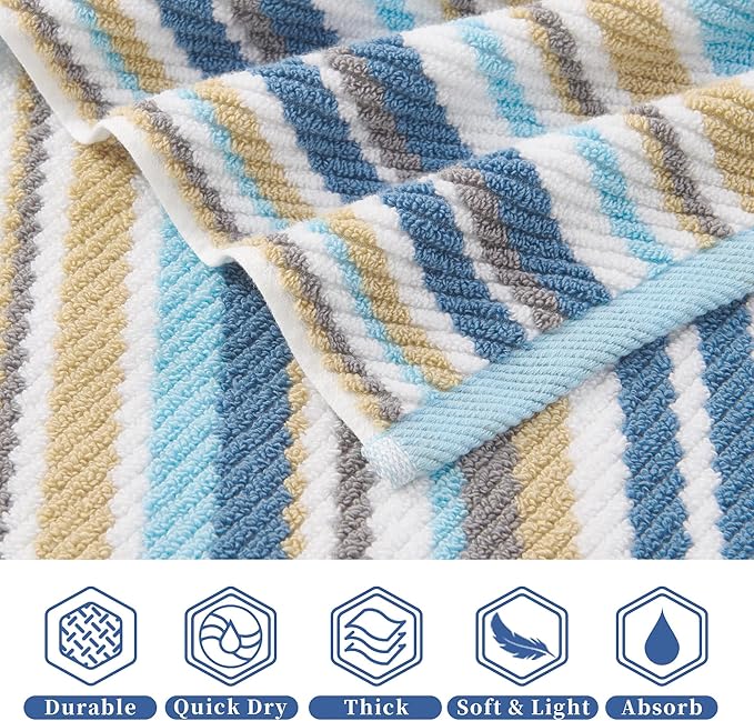 Striped Hand Towels Set (4PC, 16"x27") - 100% Cotton | Quick Dry | Soft | Absorbent, Light Weight Hand Towels for Showering & Bathroom, Luxury Towel Set for Guest, Blue + Gray + Beige Stripes