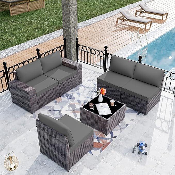 Kurapika 6 Pieces Patio Furniture Set, Rattan Outdoor Conversation Sets w/4 Inch Cushion and Glass Coffee Table(Grey)