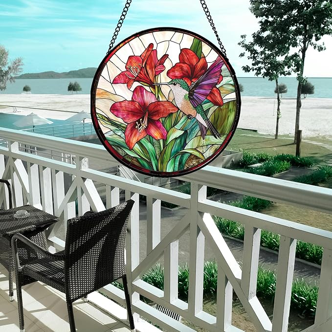 Stained Glass Window Hanging - Hummingbird On Red Lily Flower Sun Catcher for Door Garden Decor Suncatcher Christmas Mother's Day Birthday Gifts for Bird Lovers Women Men Mom Nana 6.3 in