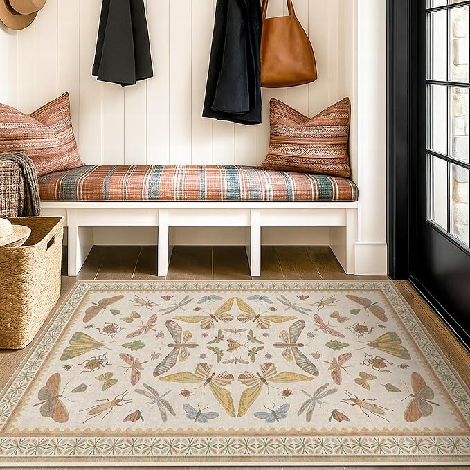 Beige Neutral Small Rugs for Bedroom - 3x4 Throw Rug for Large Entryway, Kitchen, Nursery Room, Insect Print Floral Non-Slip Accent Rug Low Pile Stain Resistant