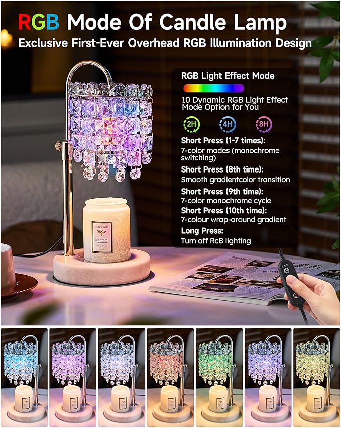 Candle Warmer Lamp with Timer & Dimmable Crystals Candle Lamp Warmer with RGB Mode, Adjustable Height Electric Candle Warmer with 3 Bulbs for Women Mom House Warming Gifts New Home Room Decor
