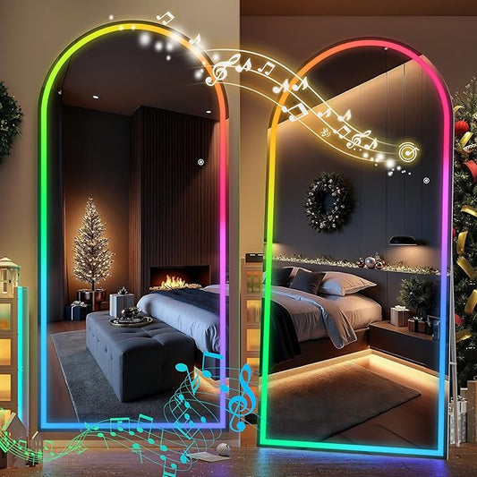 Hasipu 80.7" x 33.4" Arch LED RGB Bluetooth Full Length Mirror with Stand ＆ 7 Color Lighting Modes, Full Body Mirror with White Frame for Bedroom, Living Room, Dressing Room