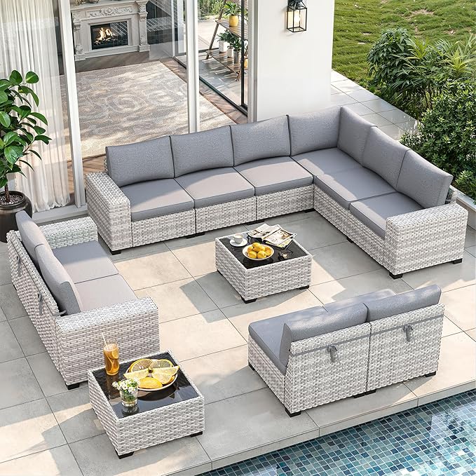 12 Piece Outdoor Wicker Rattan Sectional Sofa Set, 10-Seats Patio Furniture Conversation Set with 4" Thickened Cushions & Coffee Table, All-Weather PE Rattan for Garden, Backyard, Porch, Grey