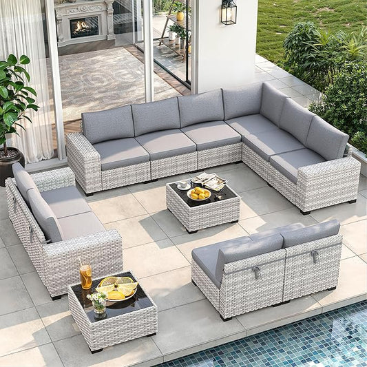 12 Piece Outdoor Wicker Rattan Sectional Sofa Set, 10-Seats Patio Furniture Conversation Set with 4" Thickened Cushions & Coffee Table, All-Weather PE Rattan for Garden, Backyard, Porch, Grey