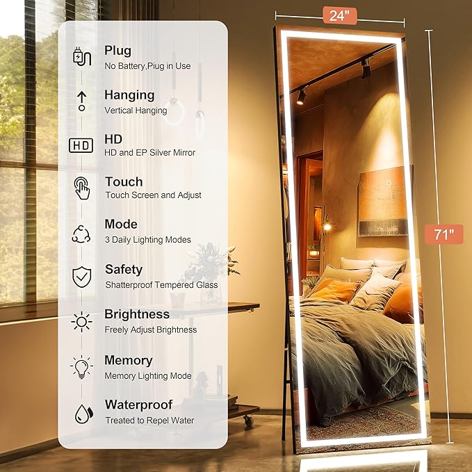 Full Length Mirror with Lights, 71" x 24" LED Lighted Floor Standing Mirror, Tempered Glass, Square Black