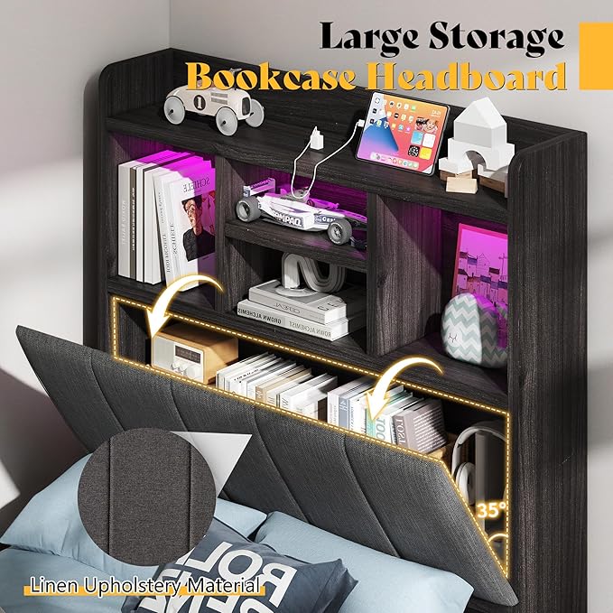 Twin Farmhouse Bed Frame with Bookcase Headboard and 4 Drawers, LED Storage Bed with Charging Station & Linen Upholstered, No Box Spring Needed, Black