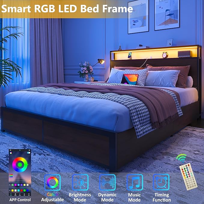 Lifezone Queen Bed Frame with 2-Tier Storage Headboard, Metal Platform Bed Frame with 4 Storage Drawers, Built in Charging Station & LED, Noise-Free/Metal Support/No Box Spring Needed, Coffee Brown