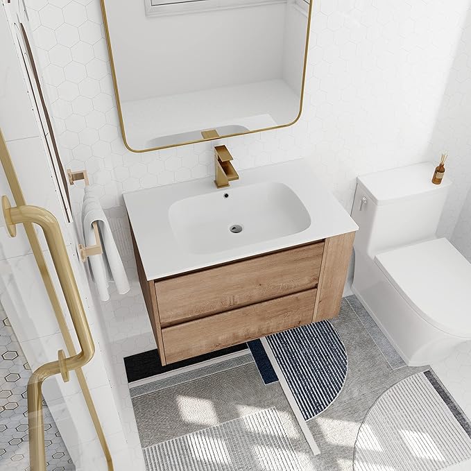 Goujxcy 30" Wall Mounted Bathroom Vanity with Sink, Modern Floating Bathroom Cabinet with White Gel Basin and Storage Drawer/Adjustable Side Shelf, Soft-Closing Door Wood Hanging Bath Room Cabinet