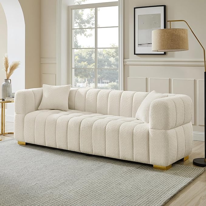 VANOMi Sofa and Chair Set, Modern Deep Seat Couch & Boucle Sofa Chairs, Oversized Upholstered Couch Sets for Living Room, Apartment, Office, Bedroom, White (3 Pieces)