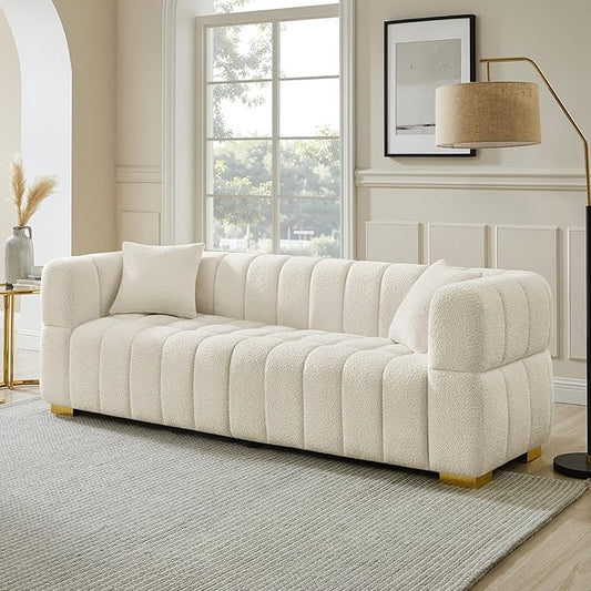 VANOMi 90.94”Cloud Sofa Couch, Modern Deep Seat Boucle Sofa, Oversized Upholstered 3-Seater Comfy Couch Loveseat for Living Room, Bedroom, Office, Apartment, White (1 Piece)