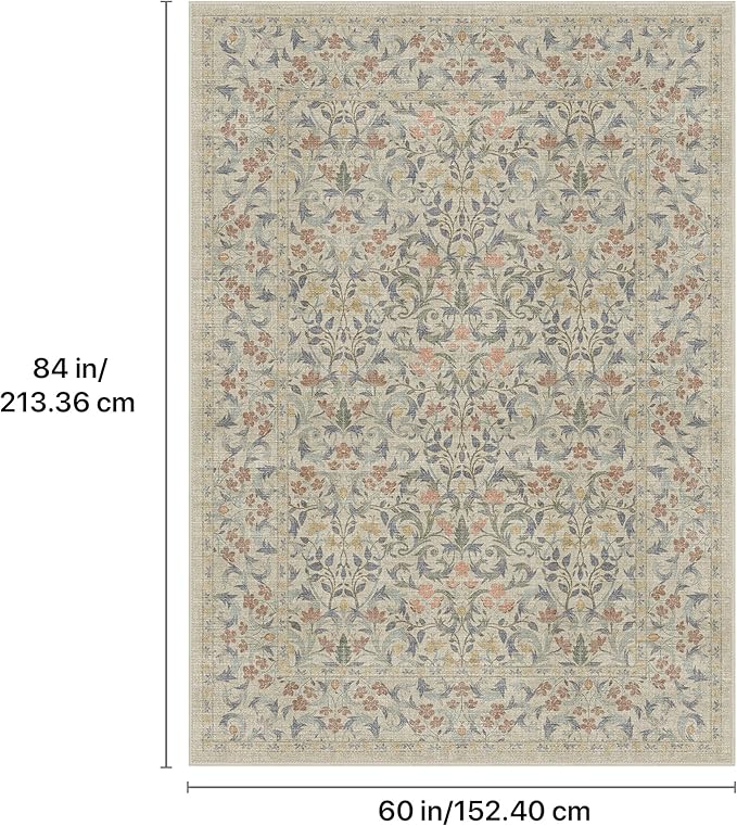 GENIMO 5x7 Washable Area Rug, Non-Slip Vintage Boho Floral Carpet, Soft Low-Pile Thin Bedroom Rug for Living Room, Dining Room, Nursery, Beige Blue