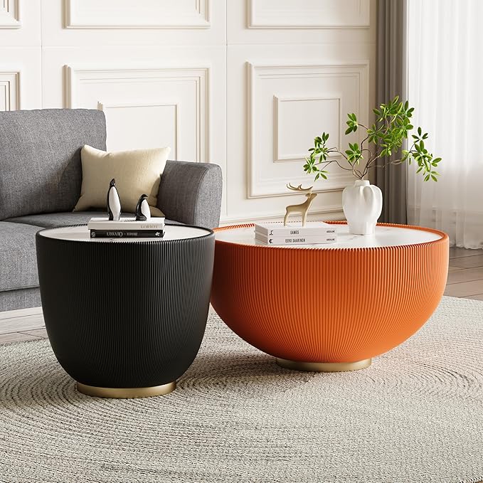 Round Coffee Table Set with Sintered Stone Tabletop, 29.53" Orange Drum Center Table and 19.69" Black Coffee Table Set, 2 Pieces Living Room Table Set with Fluted PU Leather Cover& Metal Base