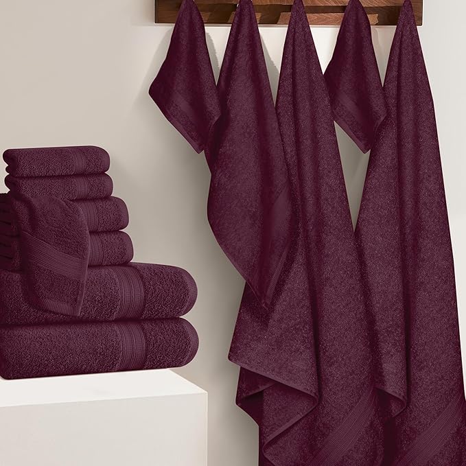 BOUTIQUO 24 Pack Cotton Towel Set, Contains 6 Bath Towels 27x54 inch, 6 Hand Towels 16x24 inch & 12 Wash Coths 12x12 inch, Ideal Everyday use, Ultra Soft Compact & Lightweight - Burgundy
