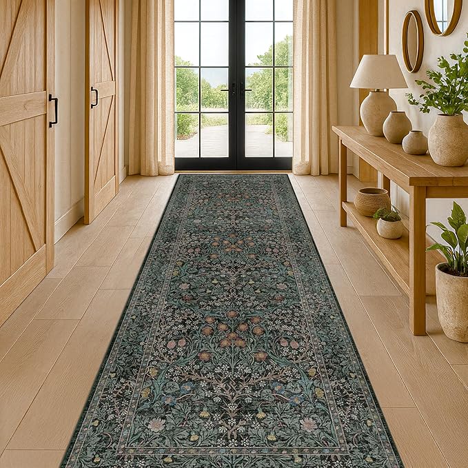 Dark Green 3x10 ft Extra Long Wide Runner Rug for Hallway Non Slip Washable, Large Kitchen Indoor Floor Rugs for Entryway Bathroom Bedroom, Stain Resistant Vintage Floral Carpet